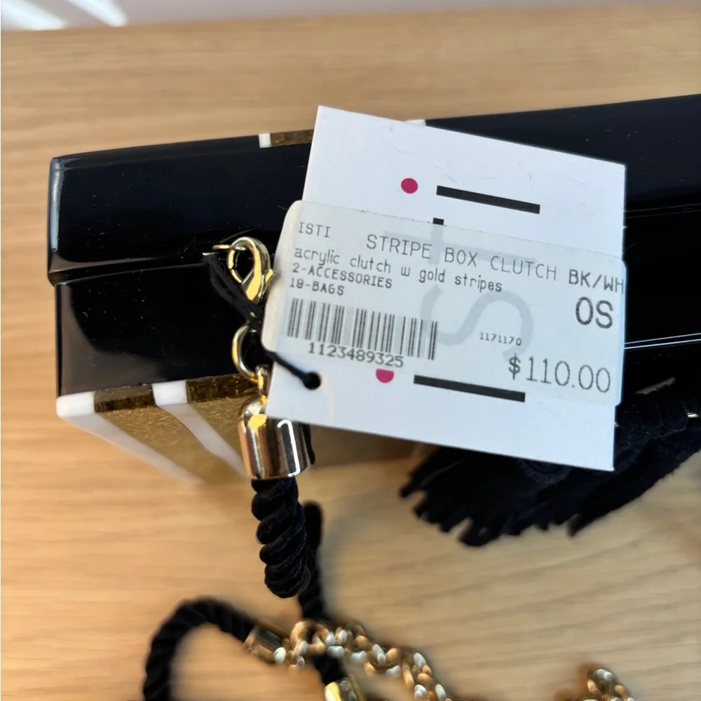 ISTI Acrylic Black White & Gold‎ Glitter Striped Bag NWT Chain/Rope Strap